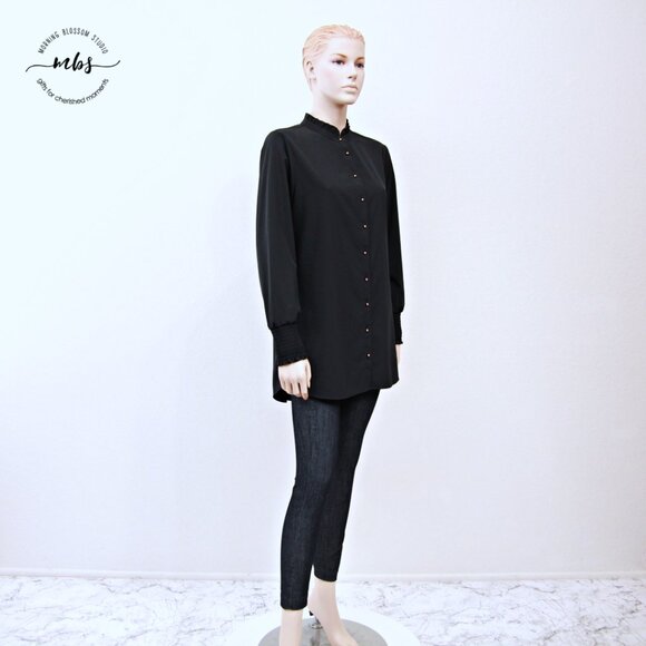 Soft Surroundings Ruffle Collared Long Sleeve Button Down Shirt Black Women M - Picture 1 of 11